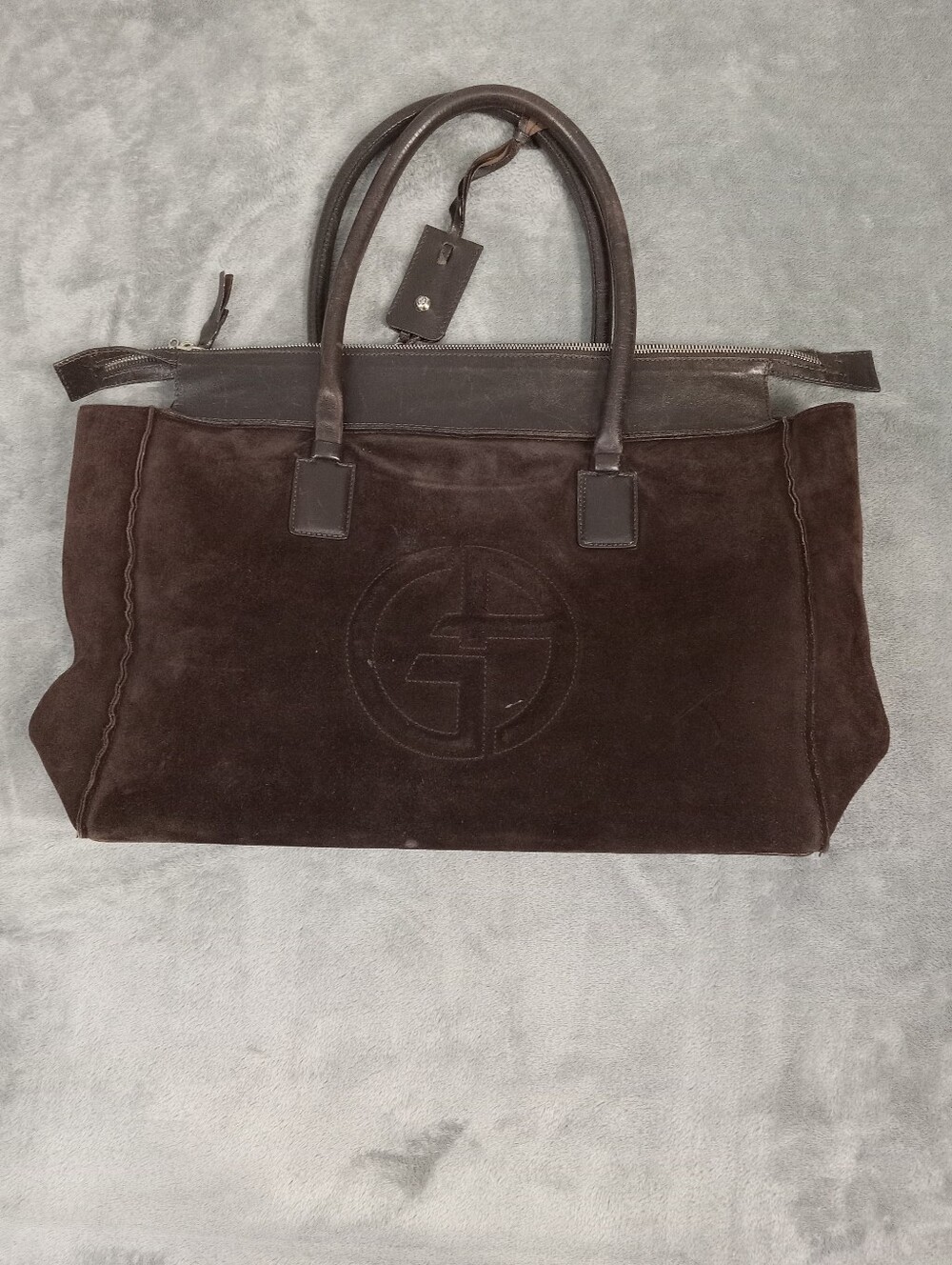 Georgio Armani Dark Brown Suede Women's Tote Bag with Leather Handles One Size